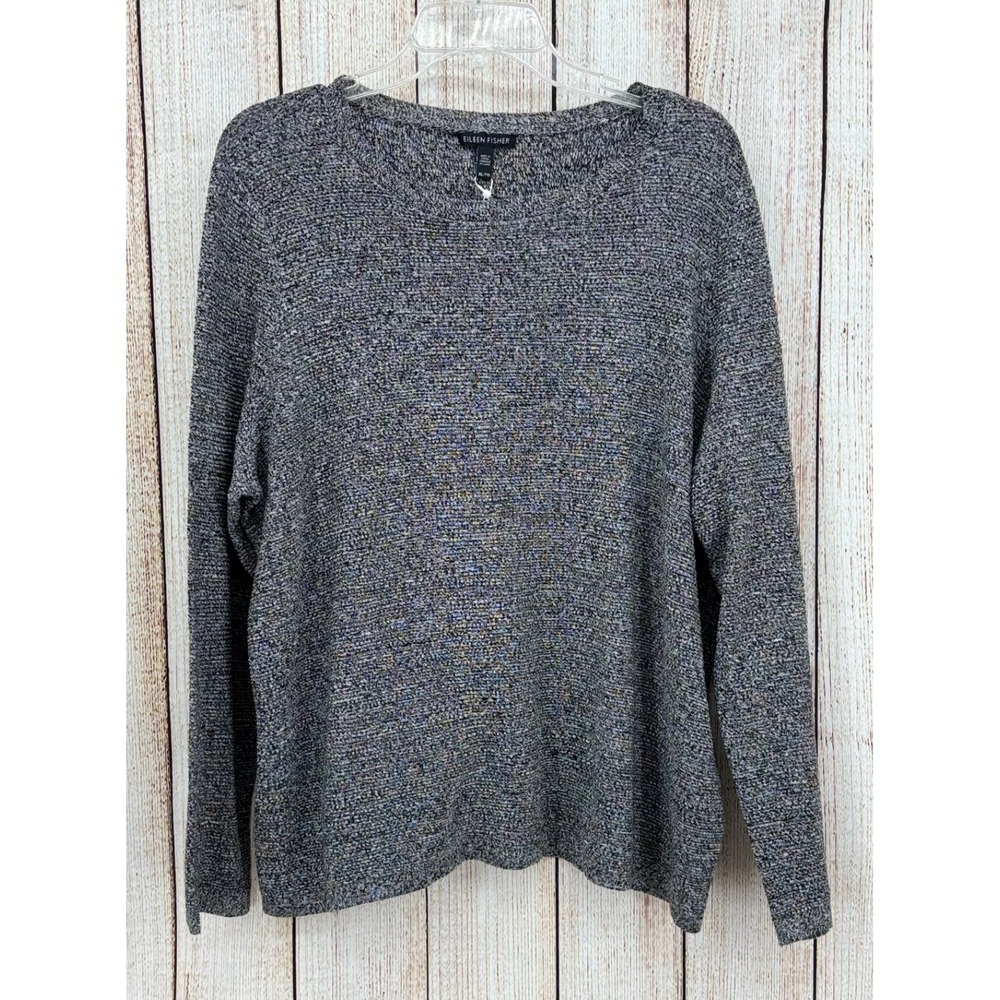 Eileen Fisher Crew Neck Box Top Sweater XL Black Gray Silk Linen Blend NWT‎ $278